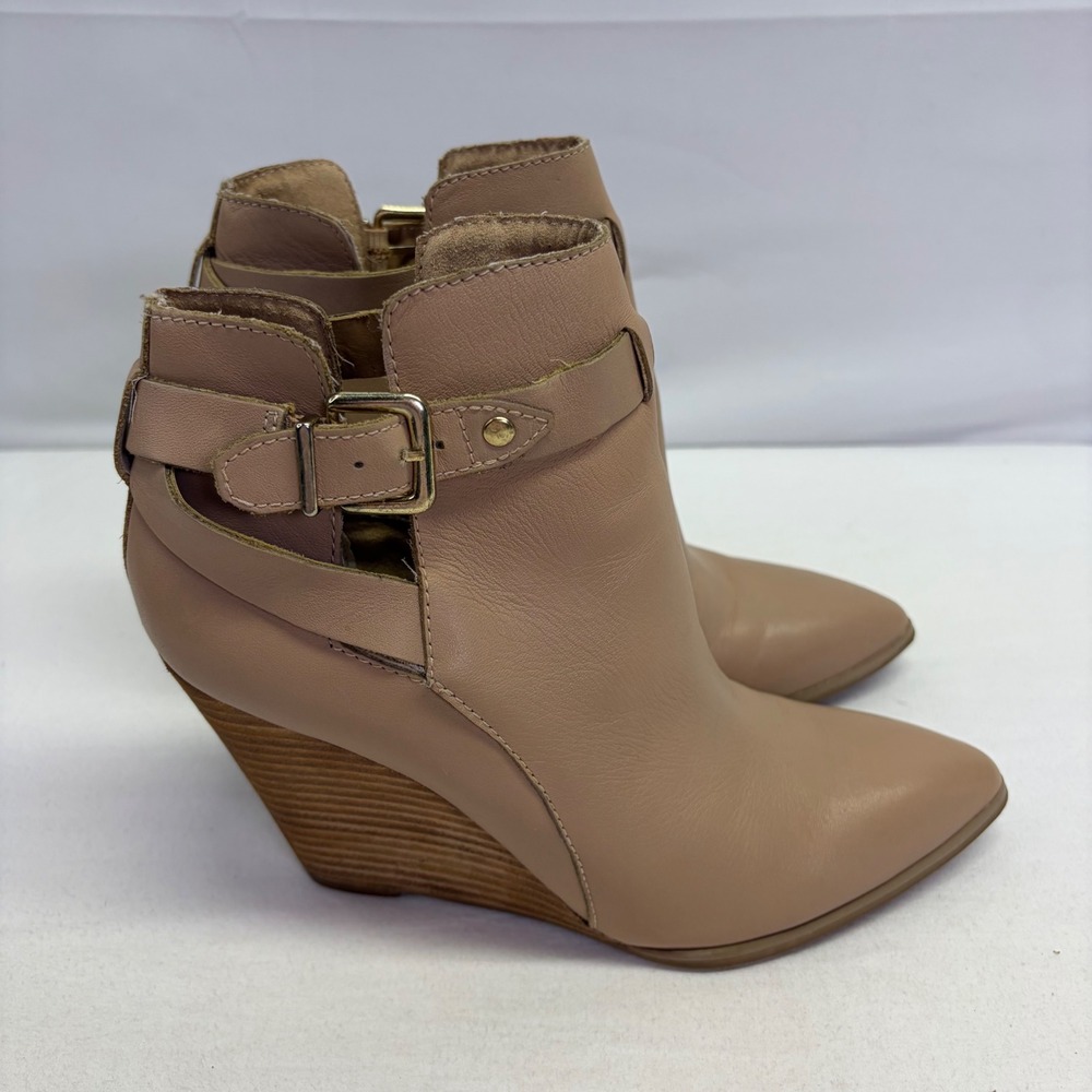 Seychelles Leather Wedge Booties Women 7 Tan Pointed Toe Buckle Ankle Boots